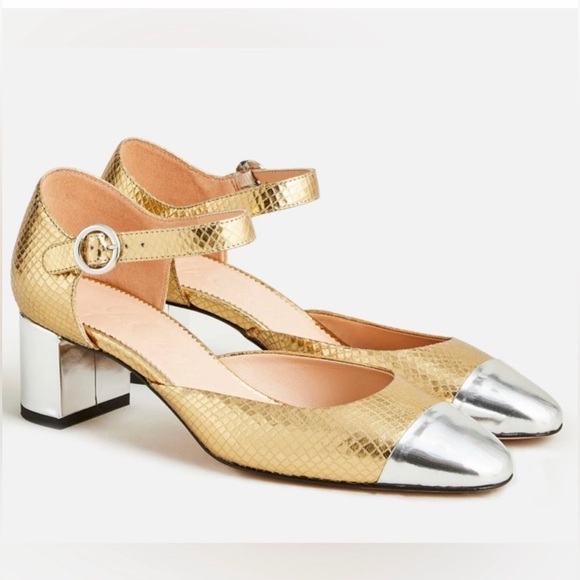 J. Crew Shoes - J Crew Millie maryjane heels, snake-embossed gold leather, silver cap toes,8.5